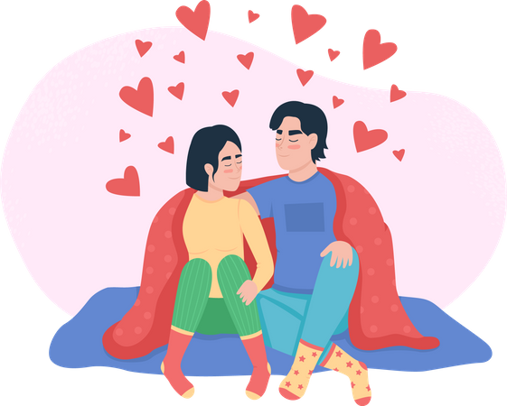 Couple cuddling while sitting under blanket  Illustration