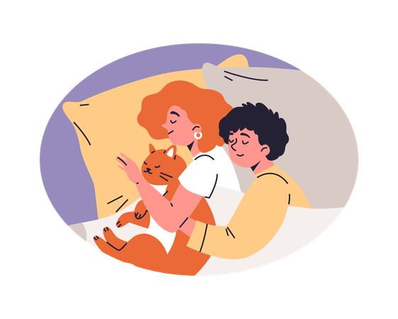 Couple cuddling with cat on bed  Illustration