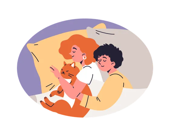 Couple cuddling with cat on bed  Illustration