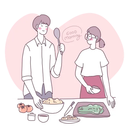 Couple cuisinant dans la cuisine  Illustration