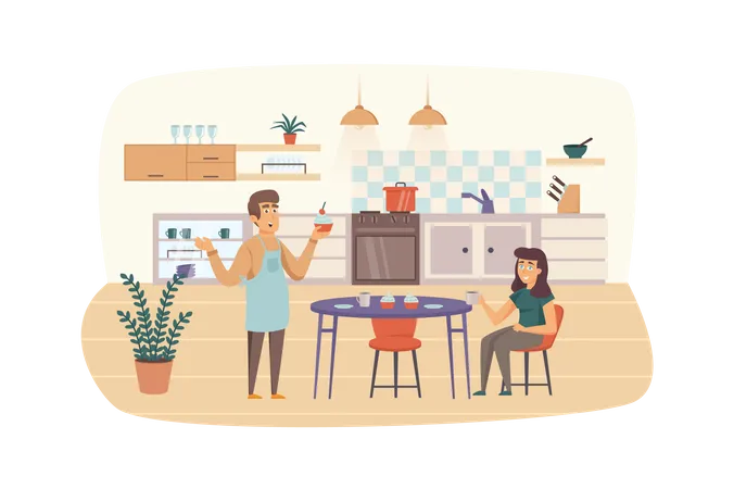 Couple cuisinant et mangeant dans la cuisine  Illustration