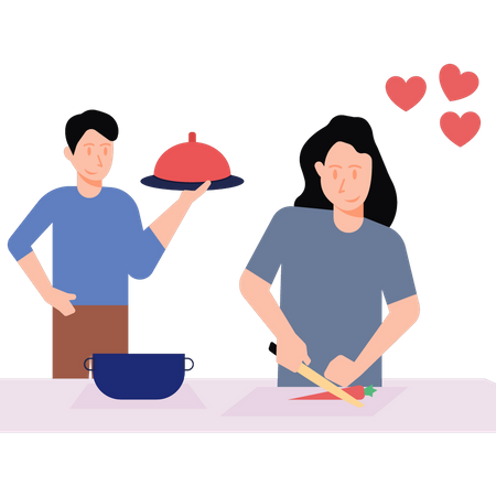 Couple cuisinant le jour de la Saint-Valentin  Illustration