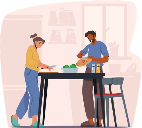 Repas de cuisine de couple à la maison  Illustration