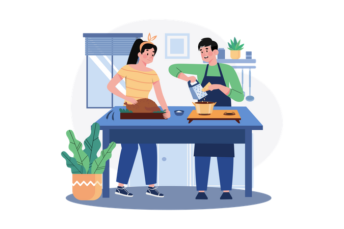 Couple, cuisson, plat de poulet, ensemble, dans, cuisine  Illustration