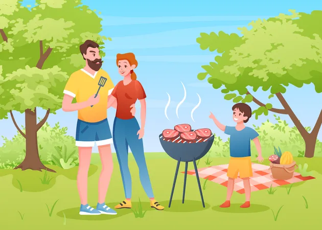 Couple, cuisson, steak, barbecue, grill  Illustration
