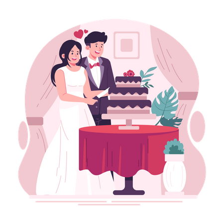 Couple cutting cake on wedding day  Illustration