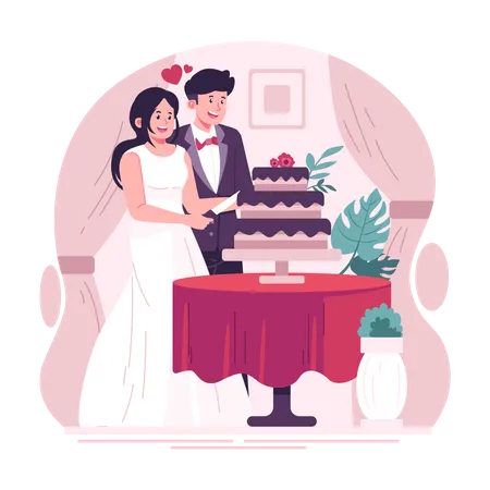 Couple cutting cake on wedding day  Illustration