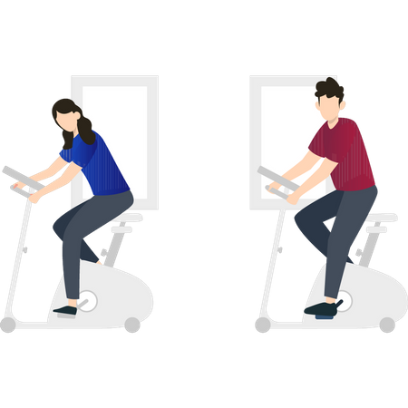 Couple cycling on gym bike  Illustration