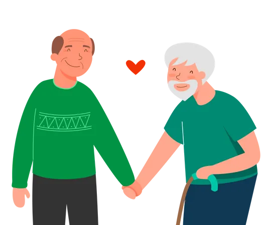 Vieux couple masculin marchant main dans la main  Illustration