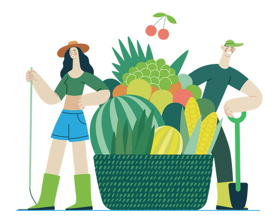 Couple d'agriculteurs avec une corbeille de fruits  Illustration