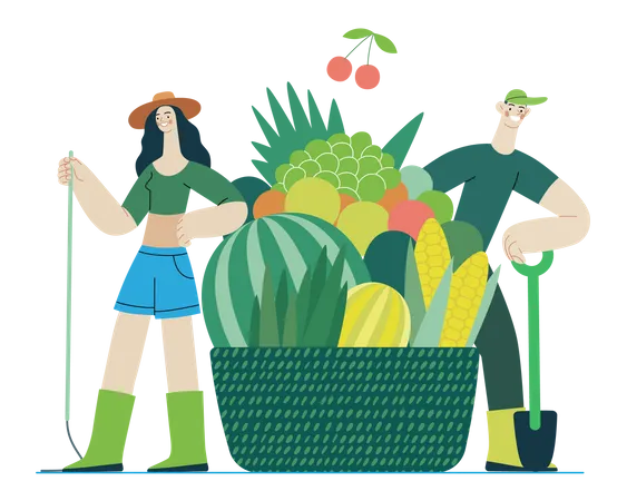 Couple d'agriculteurs avec une corbeille de fruits  Illustration