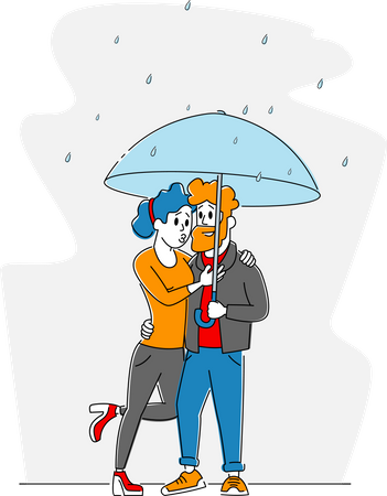 Heureux couple aimant s'embrassant marchant par temps pluvieux sous un parapluie  Illustration