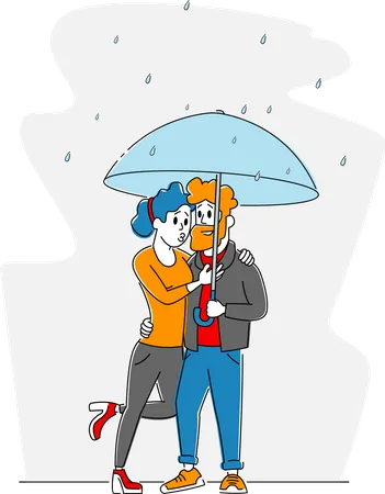 Heureux couple aimant s'embrassant marchant par temps pluvieux sous un parapluie  Illustration