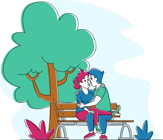 Couple d'amoureux s'embrassant sur un banc dans un parc  Illustration