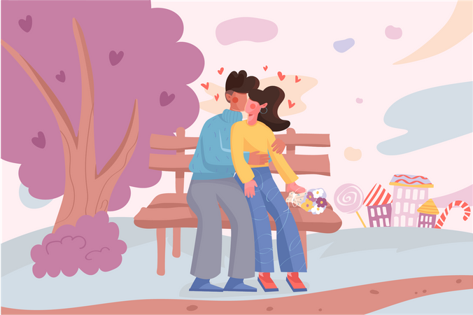 Couple d'amoureux s'embrassant sur un banc dans un parc  Illustration