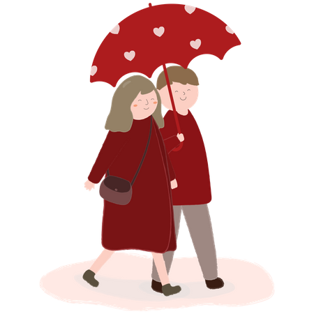 Couple aimant tenant un parapluie et marchant les uns avec les autres  Illustration