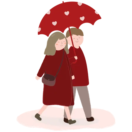 Couple aimant tenant un parapluie et marchant les uns avec les autres  Illustration