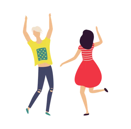 Dancing People Isolated On White Vector Cartoon Man In Yellow T Shirt And Woman In Back View Dancer In Red Dress Happy Couple On Disco Having Fun Illustration