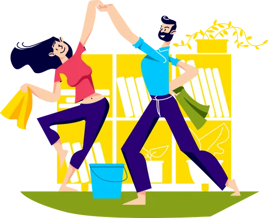 Couple Cleaning House And Dancing Funny Man And Woman Have Fun Doing Housework Together Cartoon Pair Enjoy Householding While Listening To Music And Dancing Vector Illustration Illustration