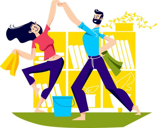 Couple dancing while cleaning house  Illustration