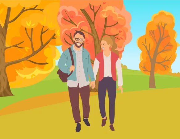 Couple dans un parc avec des feuilles d'automne  Illustration