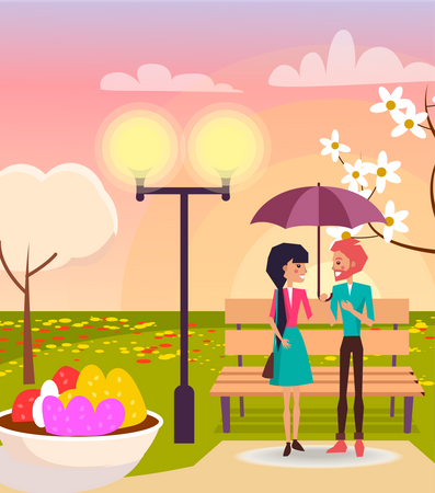 Couple dans le parc et tenant un parapluie  Illustration