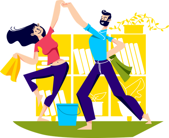 Couple dansant pendant le nettoyage de la maison  Illustration