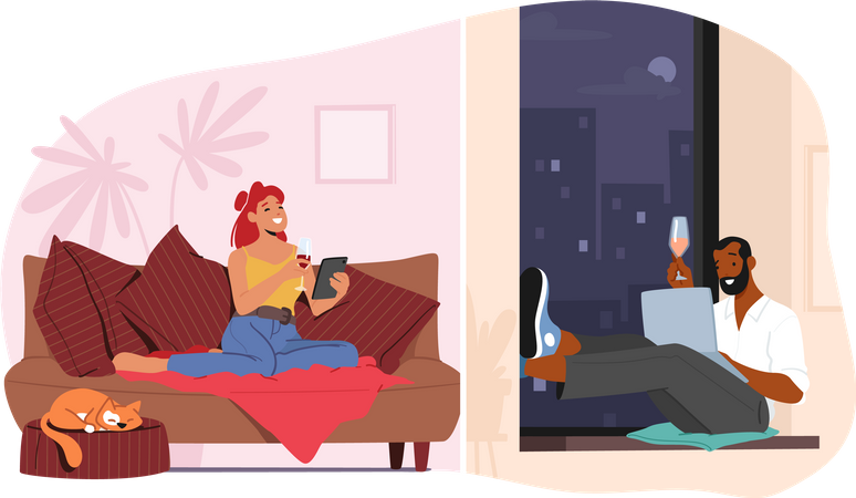 Couple dating online communicating Illustration