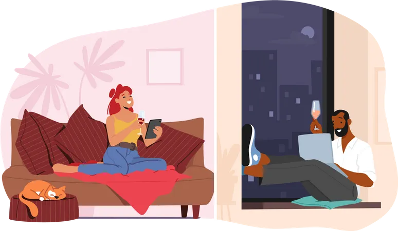 Couple dating online communicating  Illustration