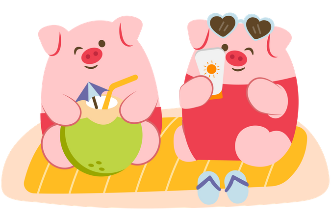 Un couple de cochons passe des vacances à la plage  Illustration