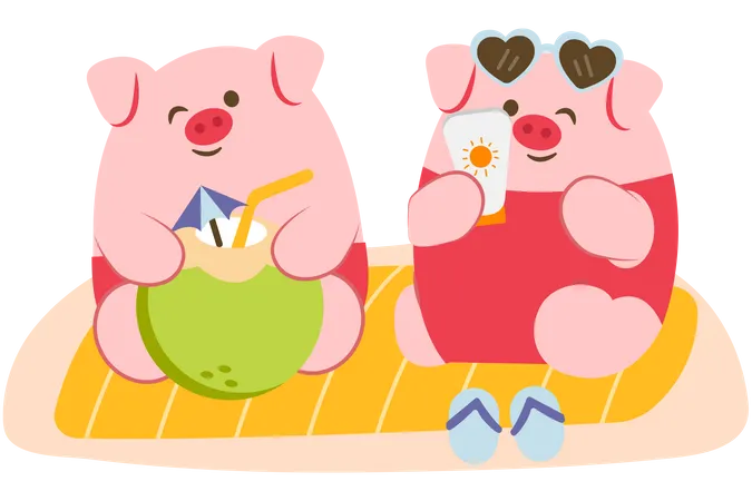 Un couple de cochons passe des vacances à la plage  Illustration