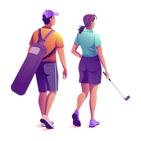 Couple de golfeurs marchant tout en tenant un bâton de golf et un sac de golf  Illustration