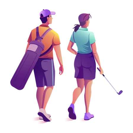 Couple de golfeurs marchant tout en tenant un bâton de golf et un sac de golf  Illustration