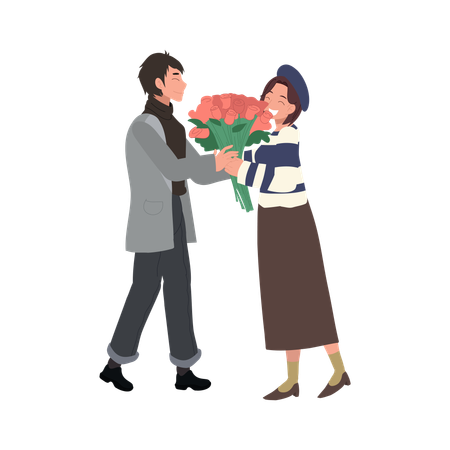 Couple de la Saint-Valentin avec un homme offrant un bouquet de roses à une femme  Illustration