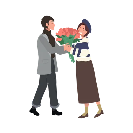 Couple de la Saint-Valentin avec un homme offrant un bouquet de roses à une femme  Illustration