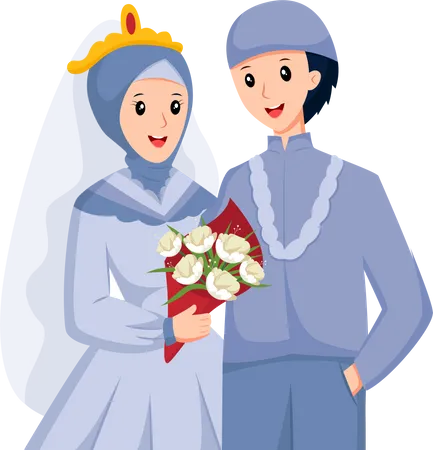 Couple de mariage avec bouquet de fleurs  Illustration