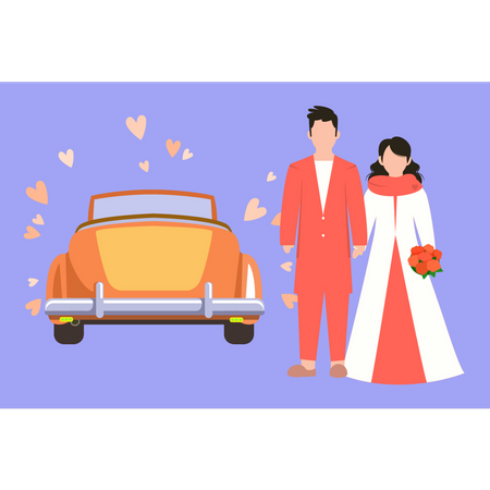 Couples de mariage debout à côté de la voiture de mariage  Illustration