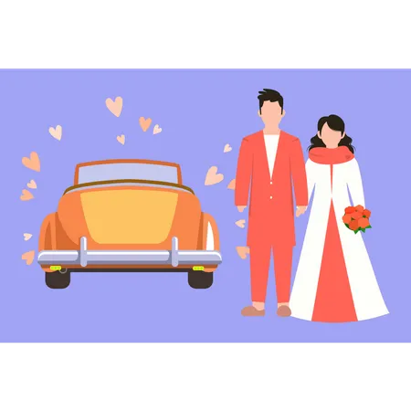 Couples de mariage debout à côté de la voiture de mariage  Illustration