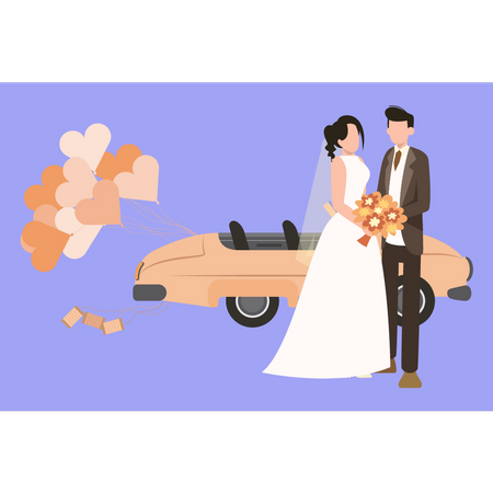 Couples de mariage debout à côté de la voiture de mariage  Illustration