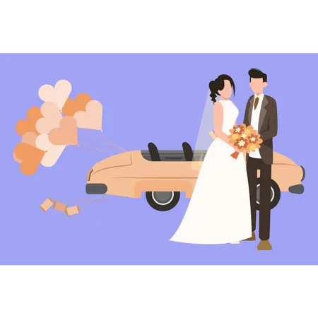 Couples de mariage debout à côté de la voiture de mariage  Illustration