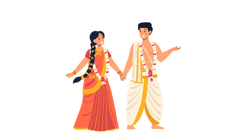 Couple de mariage du sud de l'Inde, main dans la main  Illustration