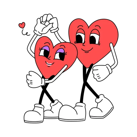 Couple de mascottes en forme de cœur dansant  Illustration