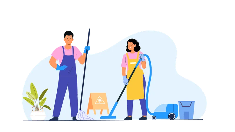 Couple de nettoyage faisant des travaux de nettoyage  Illustration