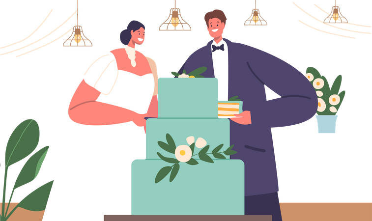 Couple nouvellement marié coupant le gâteau ensemble  Illustration