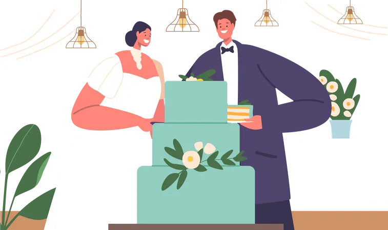 Couple nouvellement marié coupant le gâteau ensemble  Illustration