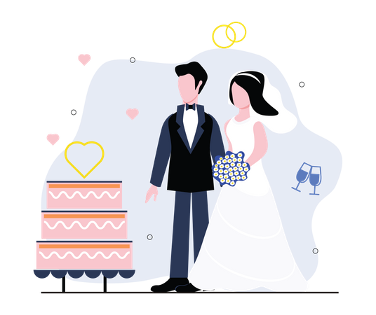 Couple nouvellement marié coupant le gâteau  Illustration