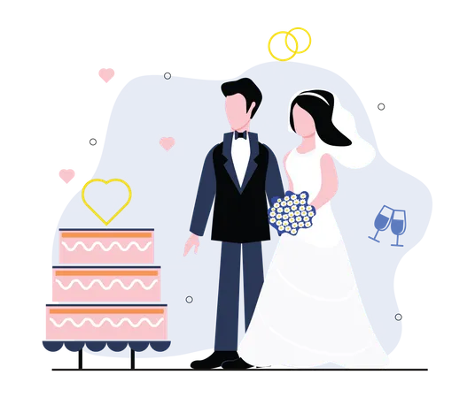 Couple nouvellement marié coupant le gâteau  Illustration