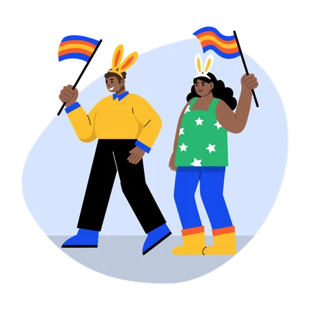 Couple de Pâques agitant un drapeau  Illustration