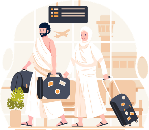 Un couple musulman de pèlerins portant des vêtements d'ihram avec une valise vient d'arriver  Illustration