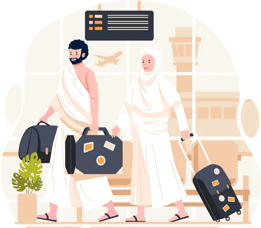 Un couple musulman de pèlerins portant des vêtements d'ihram avec une valise vient d'arriver  Illustration